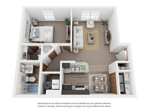 Floor plan for 1 bed, 1 bath, 750 sqft